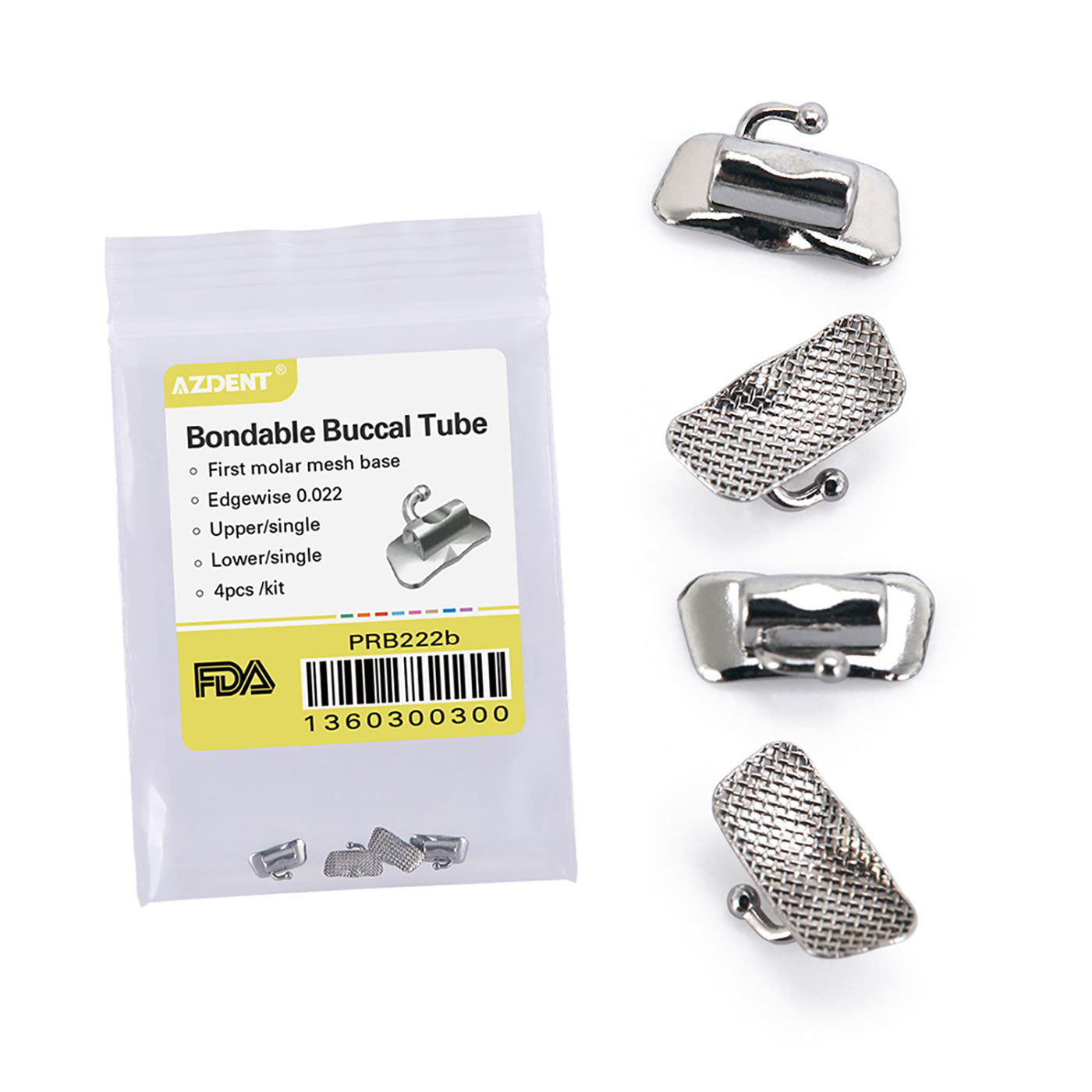 Tubo bucal AZDENT para primer molar, adherible, tamaño completo, cuadrantes surtidos (UR, UL, LL y LR), 4 unidades por bolsa
