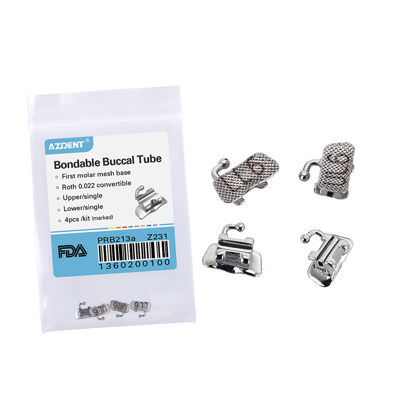 Tubo bucal AZDENT para primer molar, adherible, tamaño completo, cuadrantes surtidos (UR, UL, LL y LR), 4 unidades por bolsa