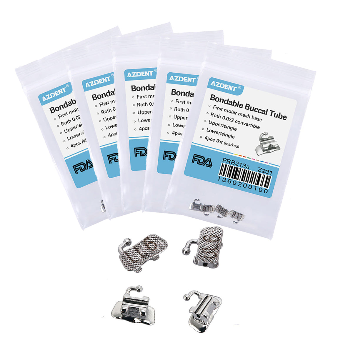Tubo bucal AZDENT para primer molar, convertible y adherible U1L1 Roth 0.022, 4 unidades