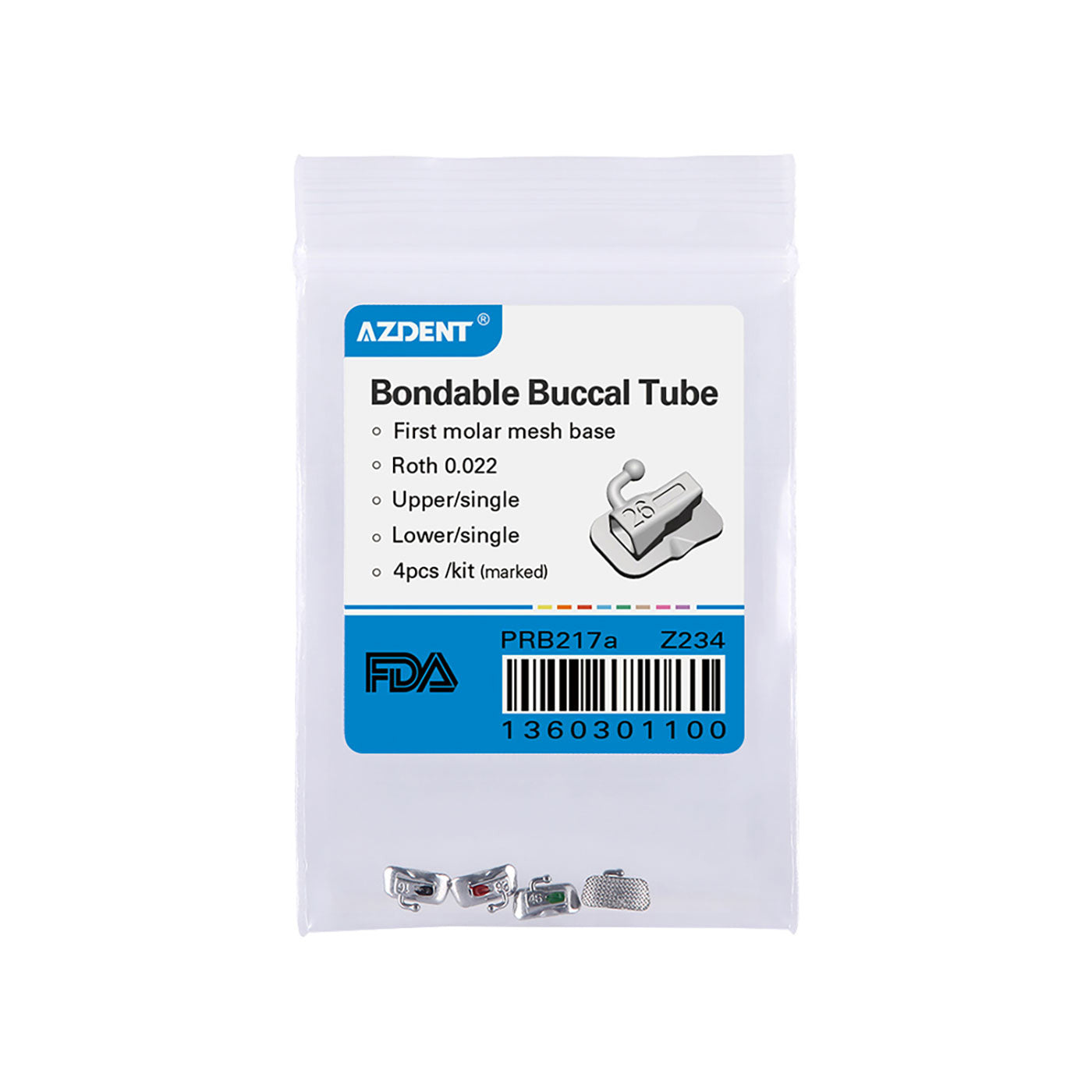 Tubo bucal AZDENT para 1.er molar, no convertible, adherible, Roth 0.022, marcado láser, cuadrantes surtidos (UR, UL, LL y LR), 4 unidades por bolsa